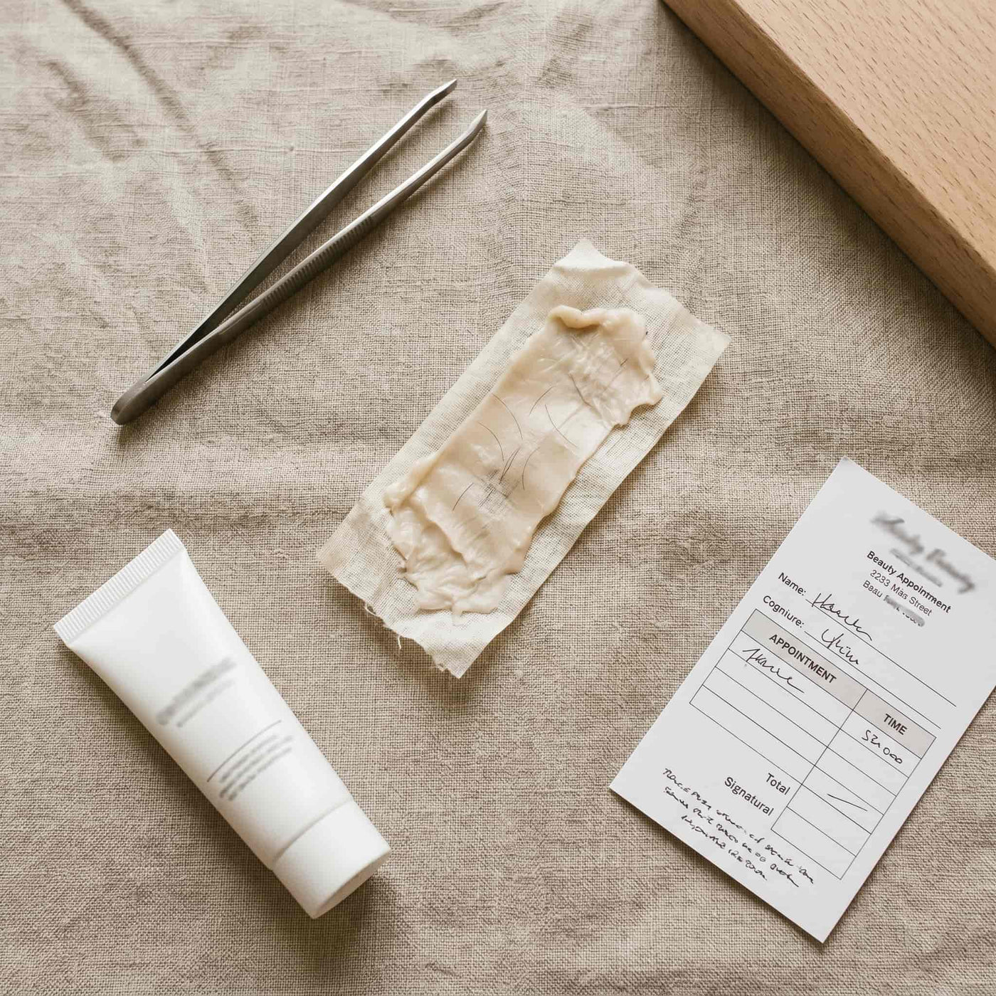 Flat-lay éditorial : pince à épiler, bande de cire, tube de crème, ticket de rendez-vous institut sur lin beige